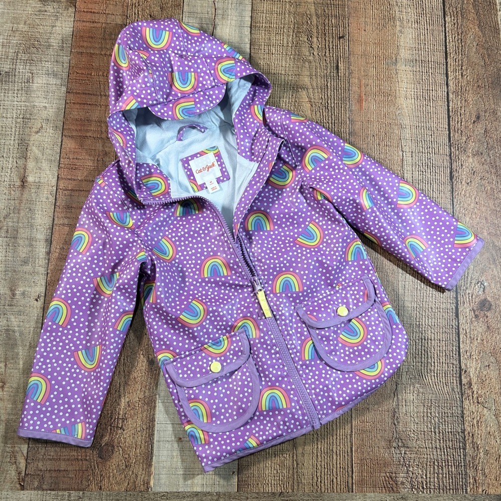 Cat & Jack Purple Rainbow Polka Dot Hooded Raincoat Water Resistant Jacket 4T - Picture 1 of 6